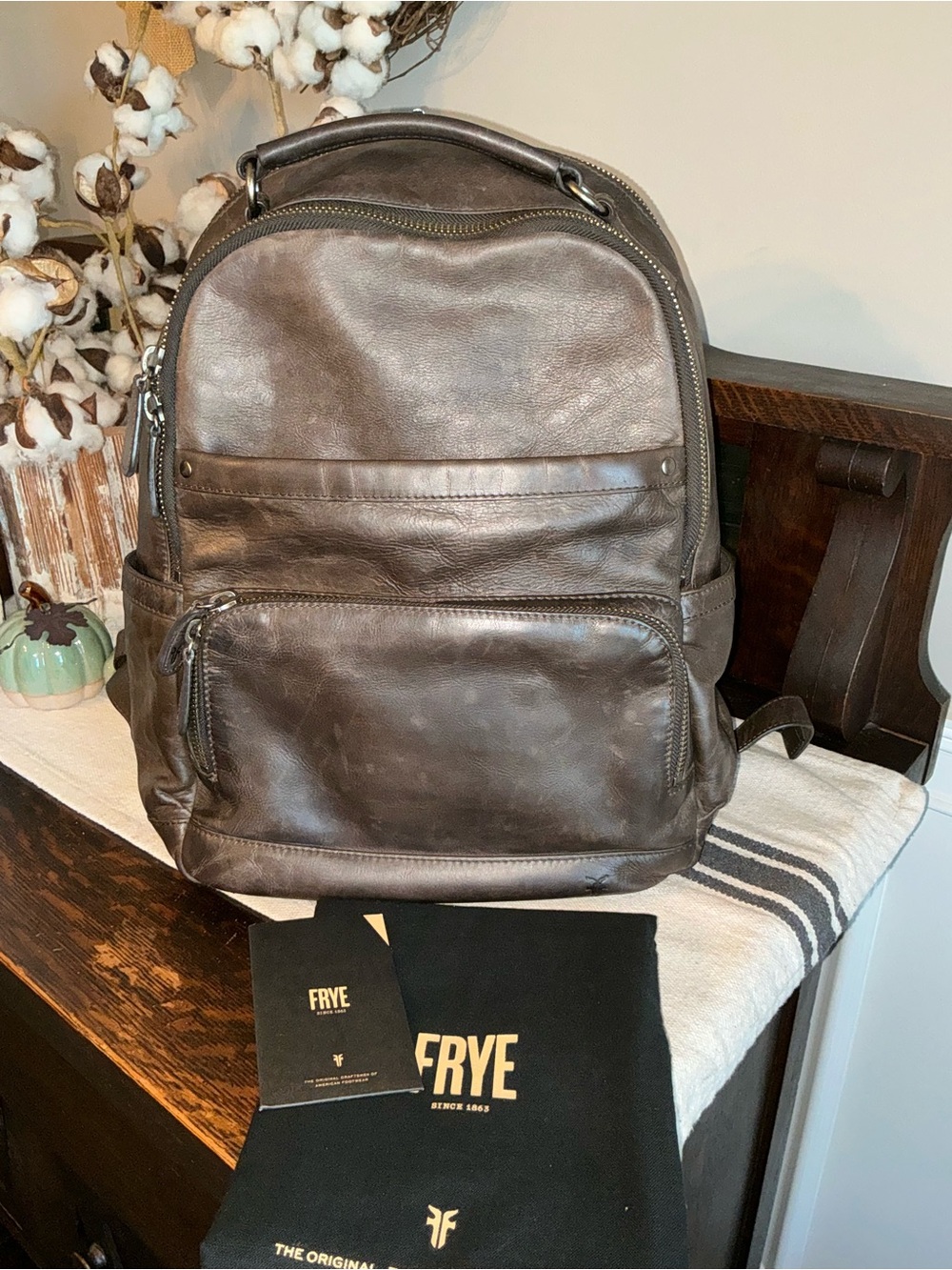 Frye Logan Leather Backpack Slate Dark Brown Dust Bag Retail $448
